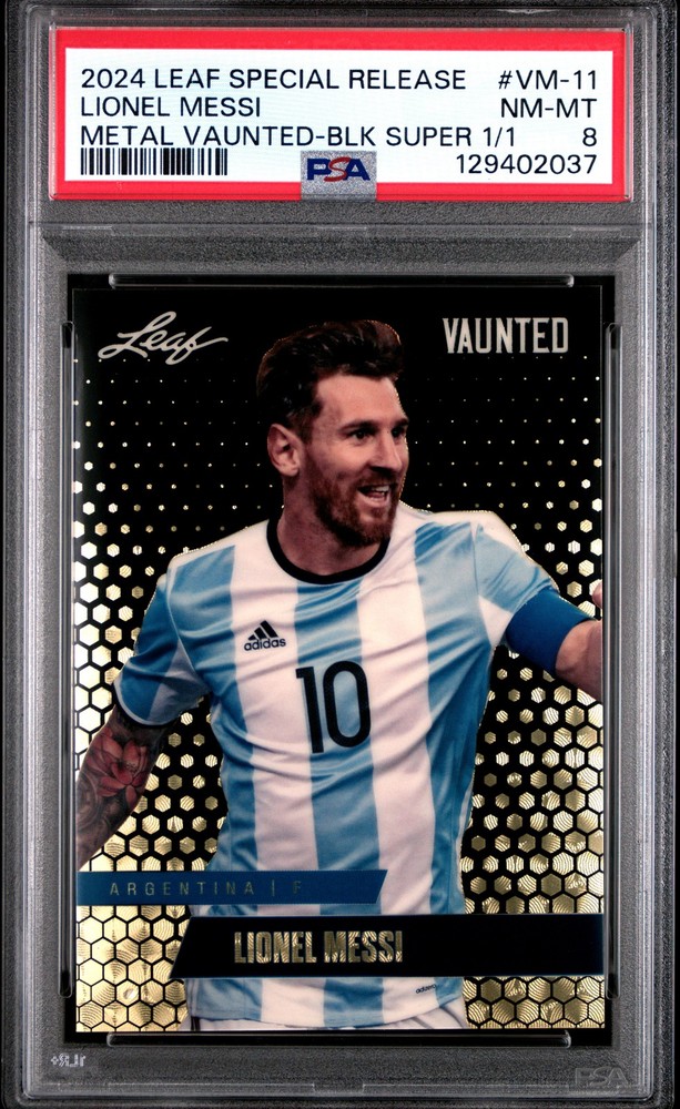 PSA 8 Lionel Messi 2024 Leaf Vaunted Metal #VM-11 Black Superprismatic 1/1 Card