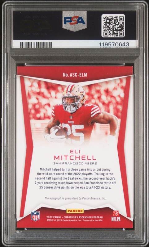 2022 Panini Chronicles ASC-ELM Eli Mitchell Ascension Auto Red PSA 8 /100 view 2