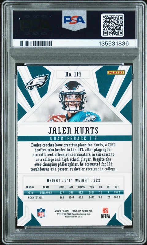2020 Panini Phoenix RC Jalen Hurts #114 Fire Burst RC PSA 9 SB MVP Eagles Rookie view 2