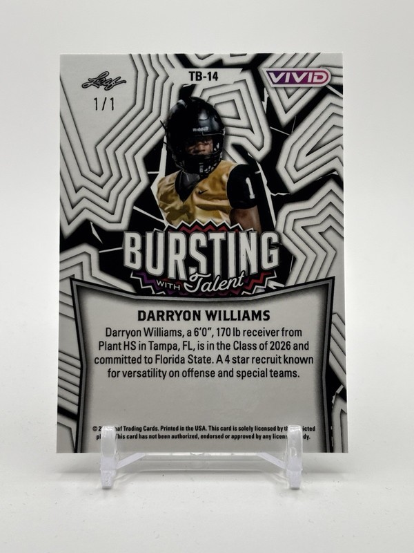 Darryon Williams 2025 Leaf Vivid Bursting With Talent Auto 1/1 FSU Seminoles view 2