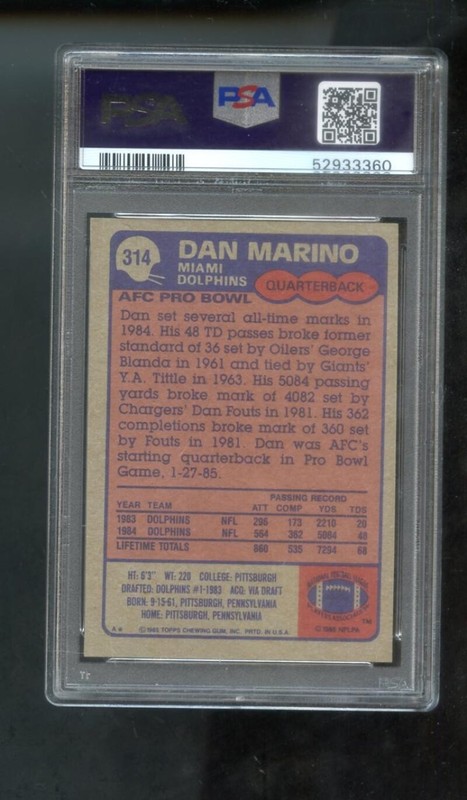 1985 Topps #314 Dan Marino PSA 9 Graded Football Card NFL MINT Miami Dolphins view 2