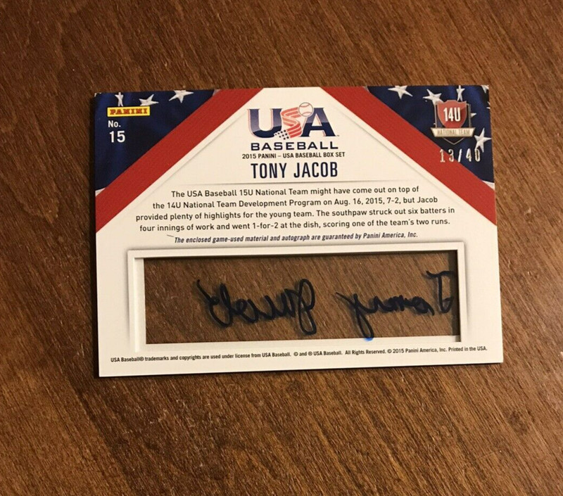 Tony Jacob 2015 USA Baseball Collegiate Game Used Auto #15 14 U National /40 view 2
