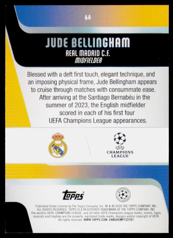 2025-26 Topps UEFA Club Competitions Jude Bellingham 64 Real Madrid CF view 2