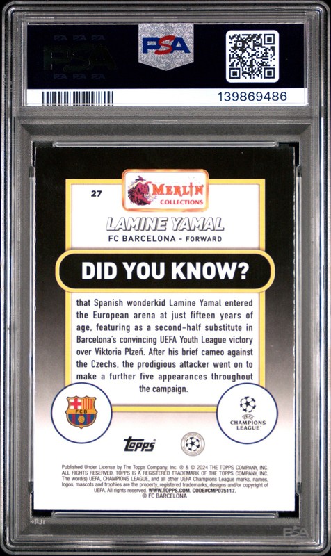 PSA 9 Lamine Yamal 2023-24 Topps Merlin #27 Rookie Card view 2