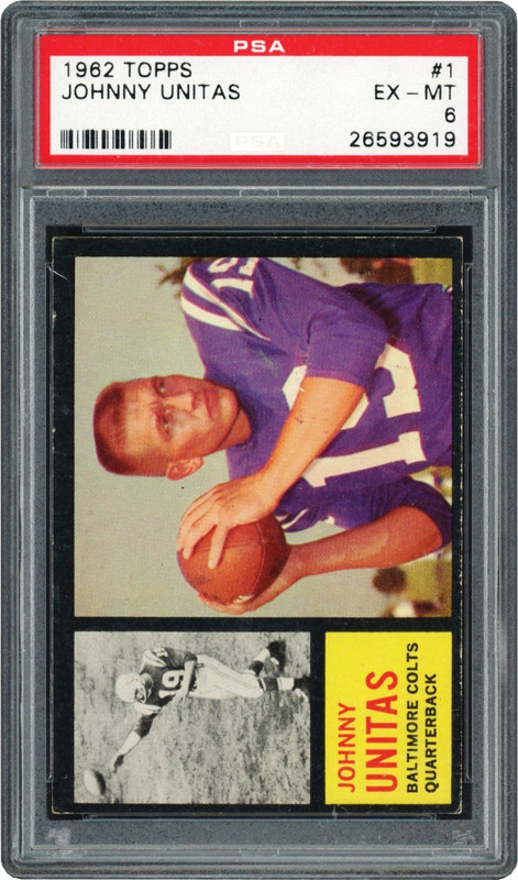 1962 Topps Football #1 Johnny Unitas Baltimore Colts PSA EX-MT 6 NO Creases! view 2