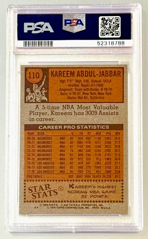 1978 Topps Kareem Abdul-Jabbar #110 PSA 6 EX-MT HOF LAKERS Vintage view 2
