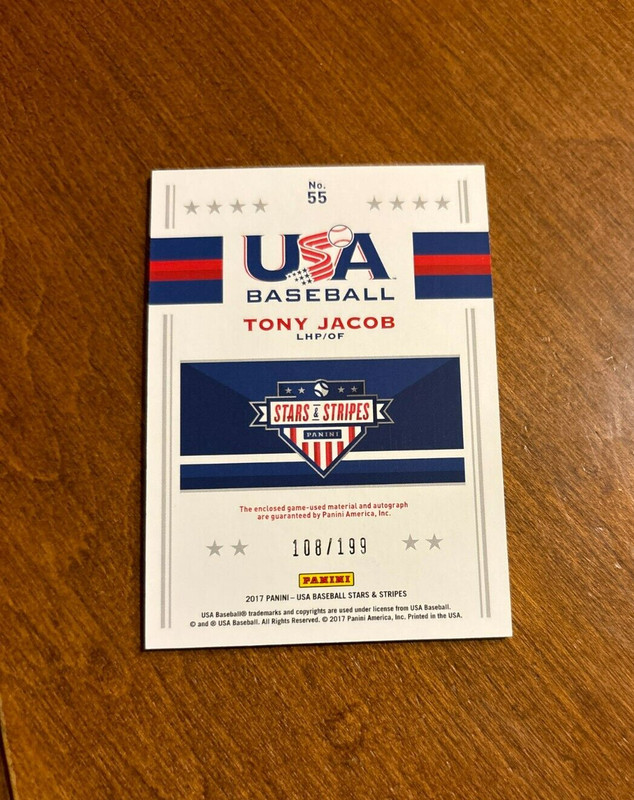 Tony Jacob 2017 USA Baseball Silhouette Game Used Auto #55 15 U National /199 B view 2