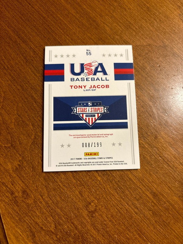 Tony Jacob 2017 USA Baseball Silhouette Game Used Auto #55 15 U National /199 C view 2