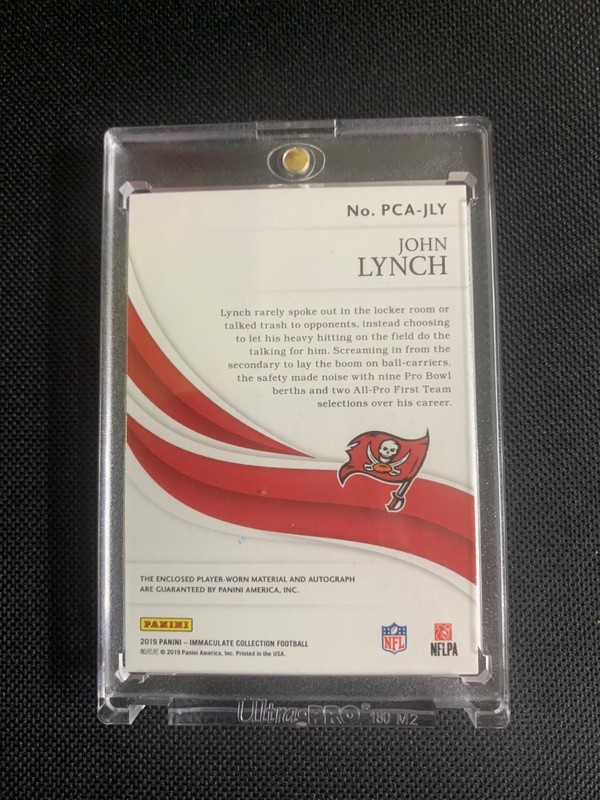 John Lynch 2019 Immaculate Players Collection 3 patch play worn on card AUTO /99 view 2