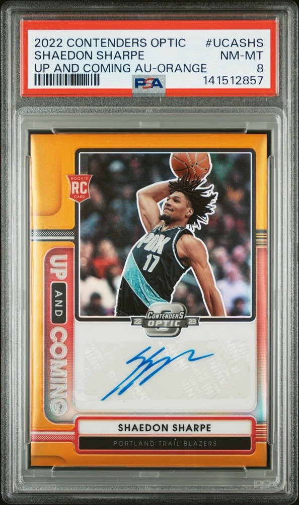 2022 Panini Contenders Optic Shaedon Sharpe Up Coming Orange 25/25 RC Auto PSA 8