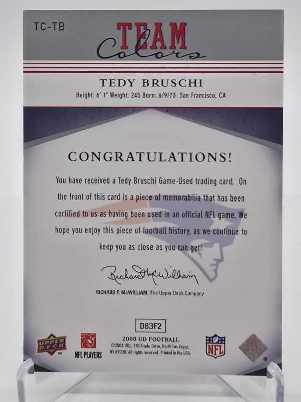 Tedy Bruschi 2008 Upper Deck Football Team Colors Game Used Jersey Card Patriots view 2