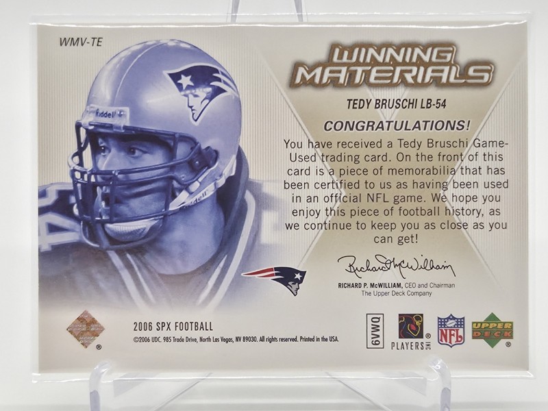 Tedy Bruschi 2006 SPx Football Winning Materials Game Used Jersey Card Patriots view 2