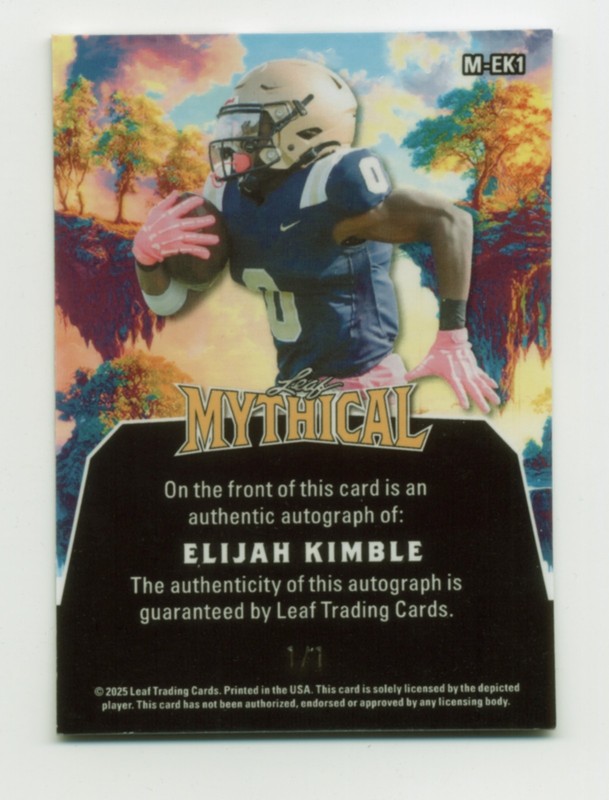 2025 Leaf Eclectic Signature Football AUTO 1/1 MYTHICAL ELIJAH KIMBLE view 2