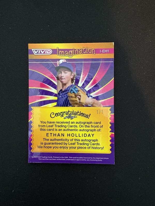 2023 Leaf Vivid Baseball Ethen Holiday IMAGINATION Gold Vinyl 1/1 Auto i-eg1, Z1 view 2