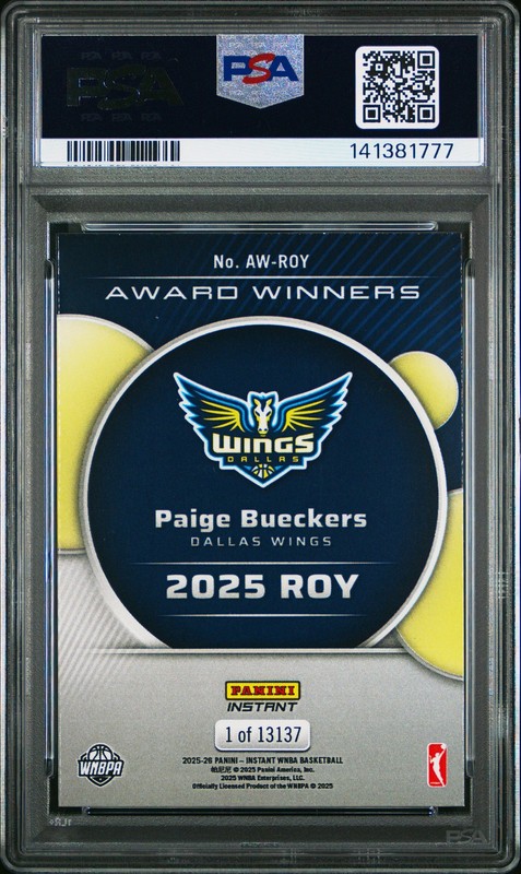 Paige Bueckers 2025 Panini Instant WNBA Award Winners #ROY PSA 10 Rookie view 2