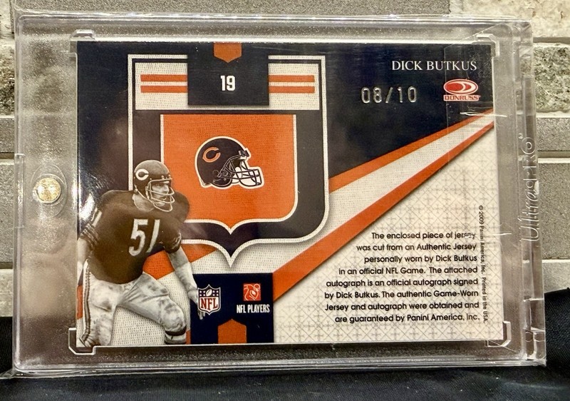 2009 Panini National Treasures Dick Butkus GAME USED Jersey Patch AUTO /10 HOF view 2