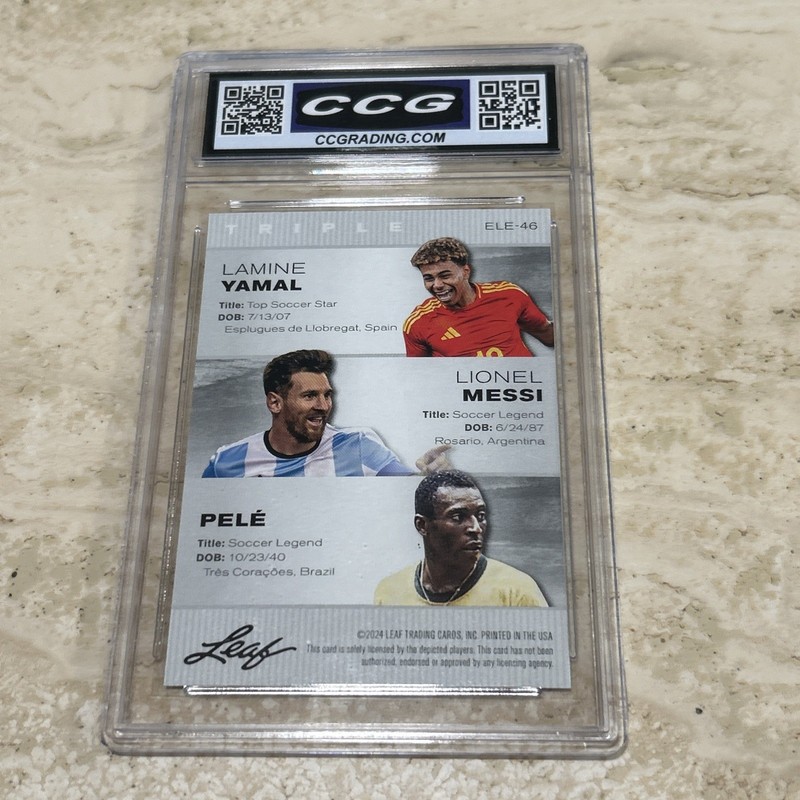 Graded 10 Yamal/ Messi/ Pele 2024 Leaf Sp. Release #ele46 Exclsv. Legends Triple view 2