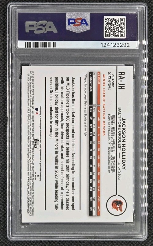 2024 JACKSON HOLLIDAY Topps Chrome ROOKIE AUTO Purple Refractor RAJH /250 PSA 9  view 2