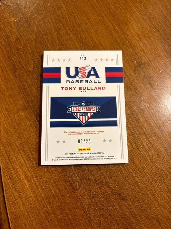 Tony Bullard 2017 USA Baseball Silhouette Auto Game Patch Marlins Arizona /25 view 2