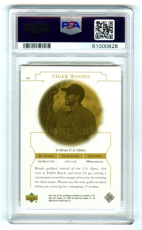 TIGER WOODS~2001 UPPER DECK GOLF VICTORY MARCH PSA-10 GEM-MT ROOKIE RC CARD #151 view 2