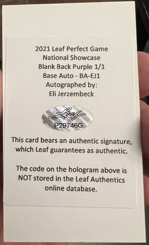 2021 Leaf Perfect Game National Showcase Purple Eli Jerzembeck Auto 1/1 view 2