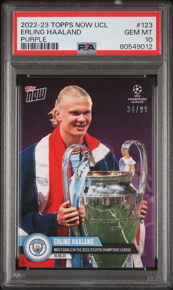 PSA 10 Erling Haaland 2022 Topps Now #123 Purple SP #34/99 Rare Trading Card