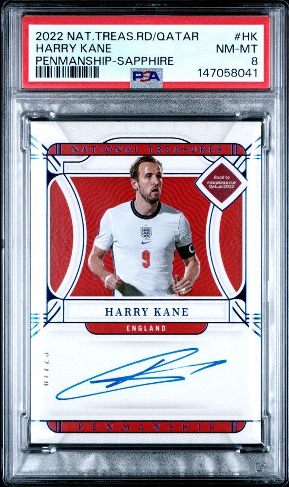 Harry Kane 2022 National Treasures RD Qatar Penmanship Sapphire Auto /25 PSA 8