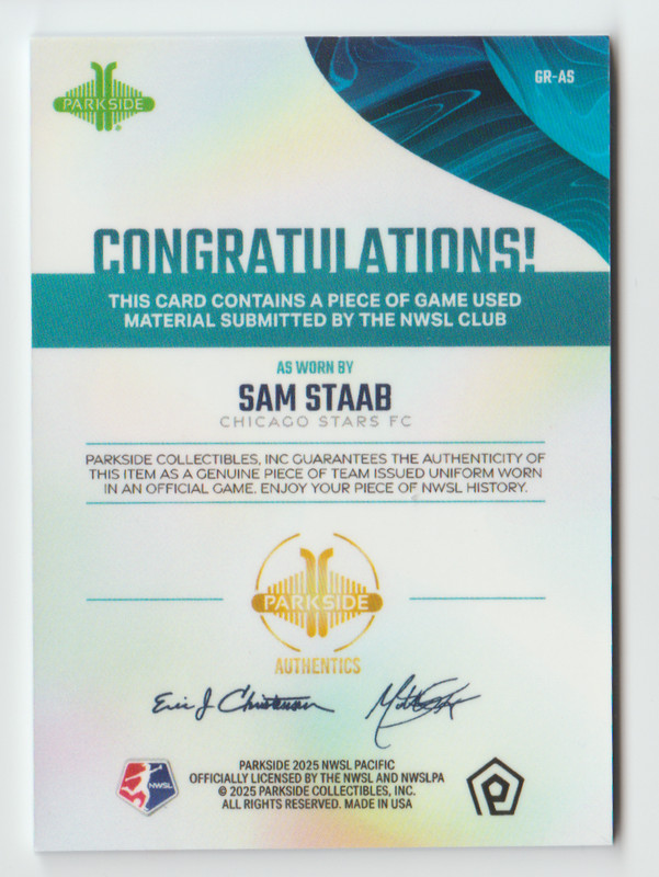 Sam Staab 2025 Parkside NWSL Pacific GAME USED MATCH WORN Jersey Relic view 2