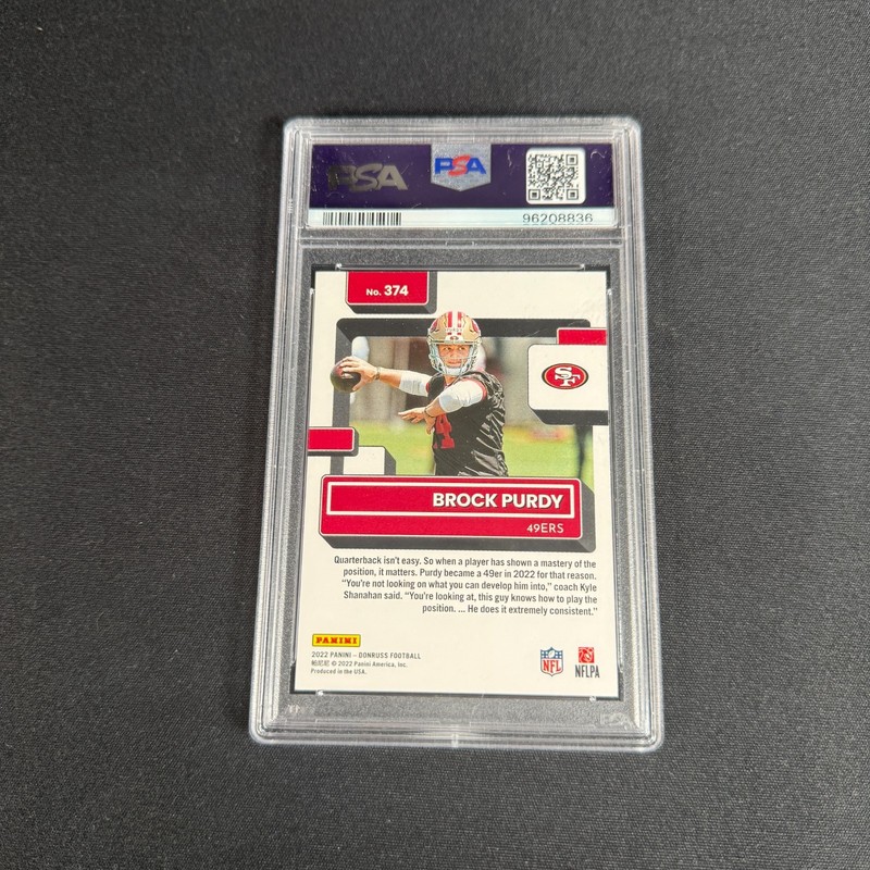 Brock Purdy #374 PSA 8 2022 Donruss Rated Rookie Card San Francisco 49ers base view 2