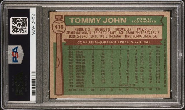 VIBRANT RAZOR PSA 7 NM TOMMY JOHN 1976 TOPPS #416 GRADED NEAR MINT VINTAGE TPHLC view 2