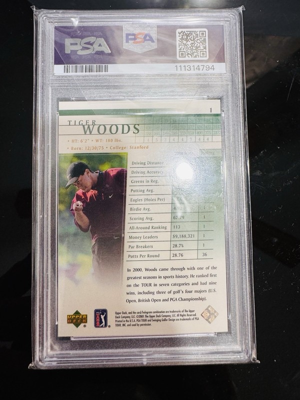 Upper Deck 2001 Golf Tiger Woods #1 Rookie PSA 9 PGA Tour Trading Card view 2