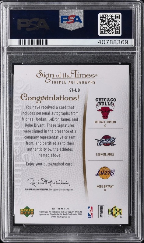 2007 SP Authentic Sign of the Times Triple Auto KOBE LeBron MICHAEL JORDAN PSA 9 view 2