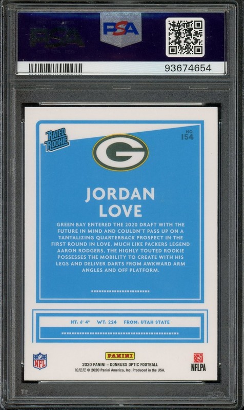 PSA 10 10 Jordan Love 2020 Panini Donruss Optic Auto RC PSA/DNA Green view 2