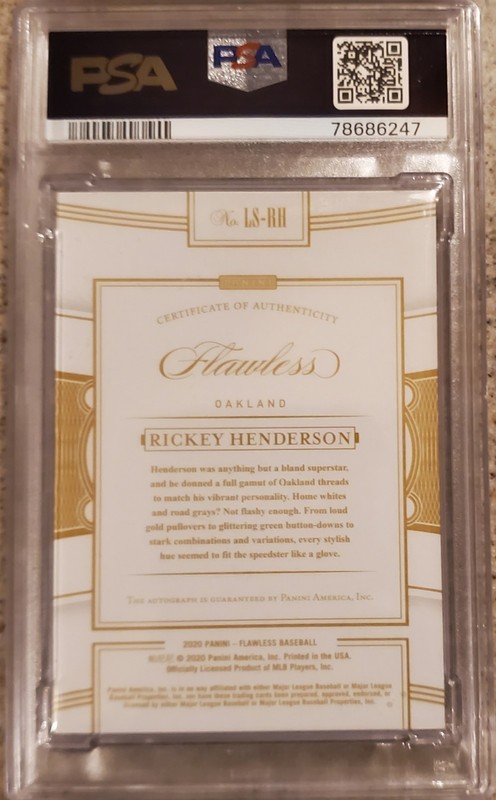 2020 Panini Flawless Auto Rickey Henderson Gold Signatures /10 Psa 8 view 2