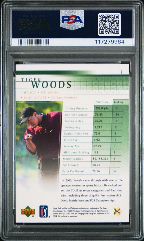 Upper Deck 2001 Golf Tiger Woods #1 Rookie Base Set PSA 9 Sports Trading Card view 2