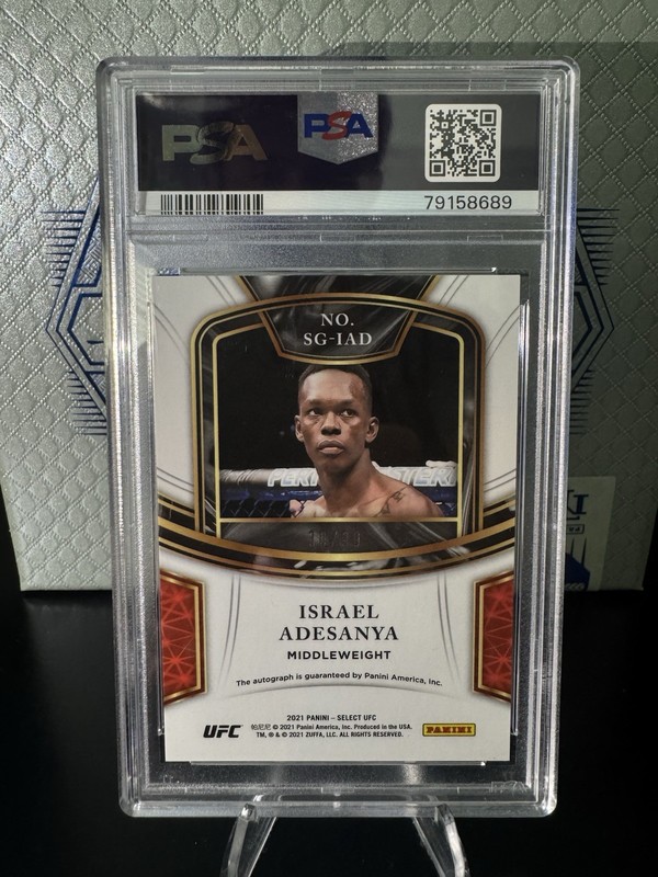 Israel Adesanya Auto 2021 Select UFC Signatures Auto Autograph /99 SG-IAD PSA 10 view 2
