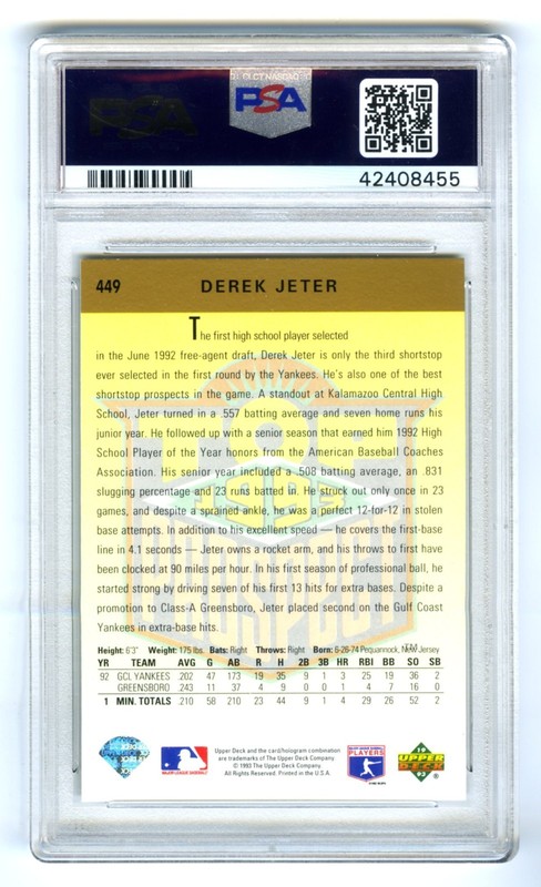DEREK JETER~1993 UPPER DECK PSA-9 MINT HOT GRADED ROOKIE RC CARD #449 (NEW CASE) view 2