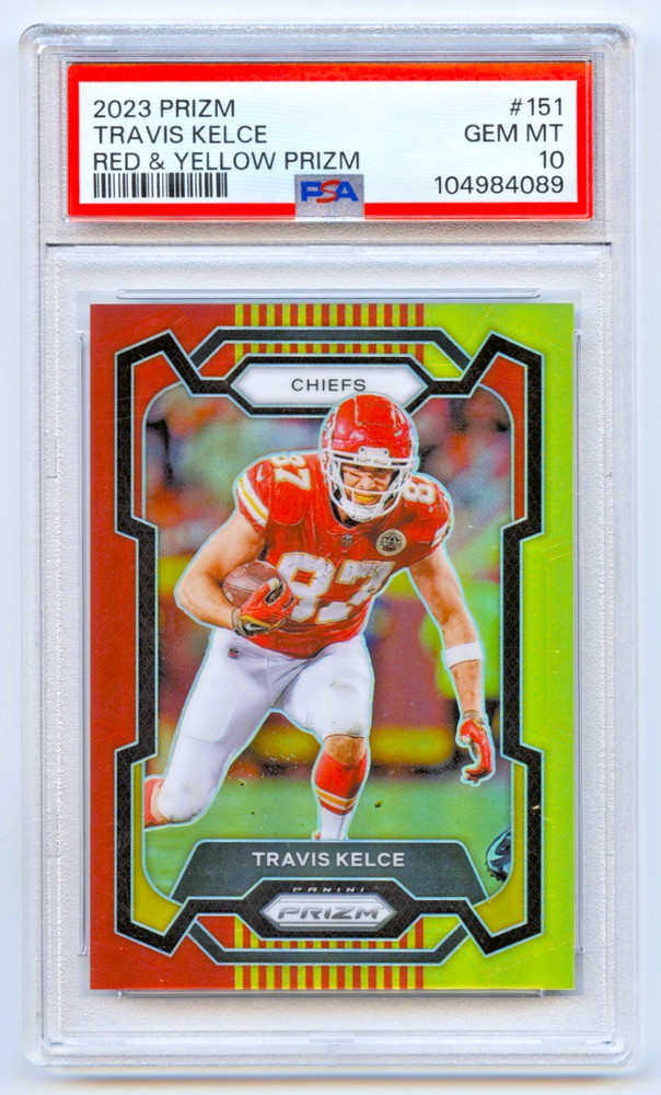 TRAVIS KELCE 2023 PRIZM RED & YELLOW CHIEFS REFRACTOR /44 PSA 10 *POP 1* view 1