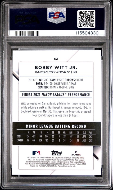 2022 Topps Finest Bobby Witt Jr. #62 PSA 10 view 2