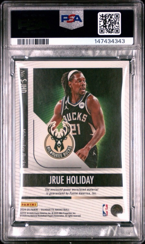 Jrue Holiday 2024 Silhouette PLATINUM Bill Russell Patch 1/1 GAME USED PSA 6 view 2