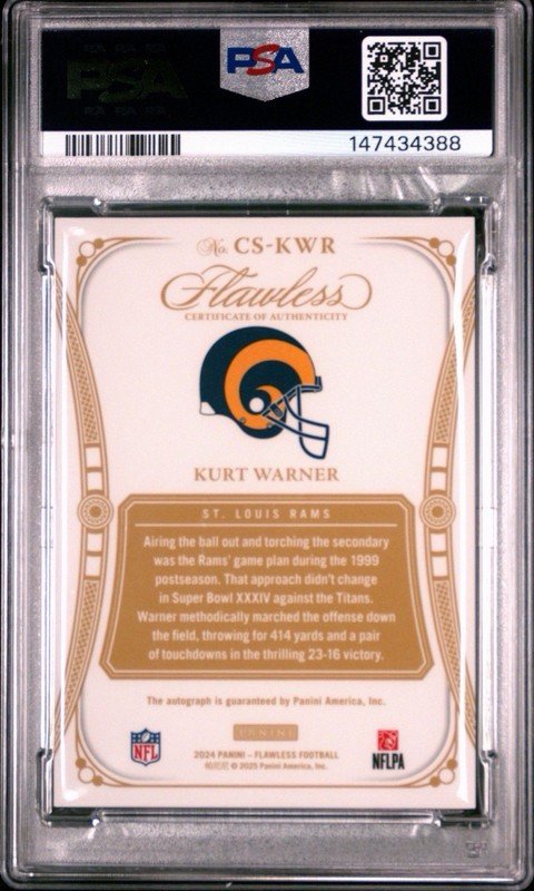 Kurt Warner 2024 Flawless Champions PLATINUM Auto 1/1 PSA 9 MINT Rams 1 OF 1 view 2