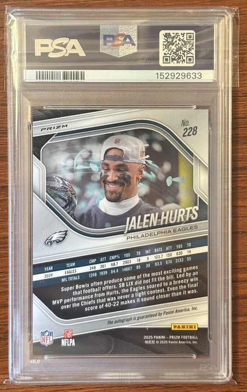 2025 Panini Prizm Jalen Hurts #228 Silver Prizm Auto PSA 8 Eagles Super Bowl SP view 2