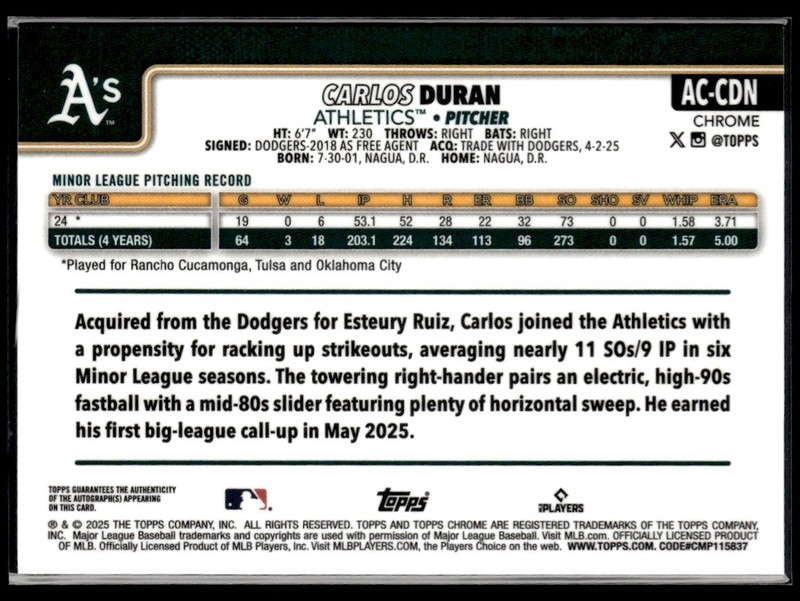 2025 Topps Chrome Gold Carlos Duran RC Auto /50 Athletics #AC-CDN view 2