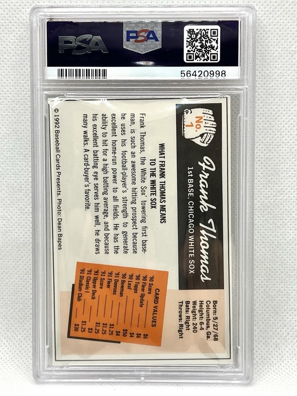 Frank Thomas 1992 Baseball Cards Magazine #1  PSA 9 Mint Pop 1 view 2