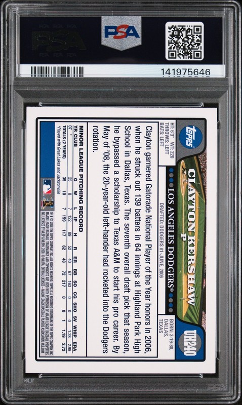 2008 Topps Update & Highlights #UH240 Clayton Kershaw Update & Highlights PSA 8 view 2