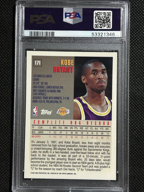 1997-98 Topps Kobe Bryant #171 Lakers PSA 10 GEM MINT view 2