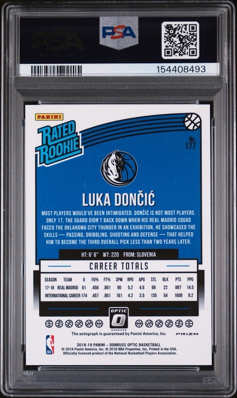 2018 Luka Doncic Donruss Optic Holo Prizm Rookie Auto PSA 8 #177 Autograph SP RC view 2