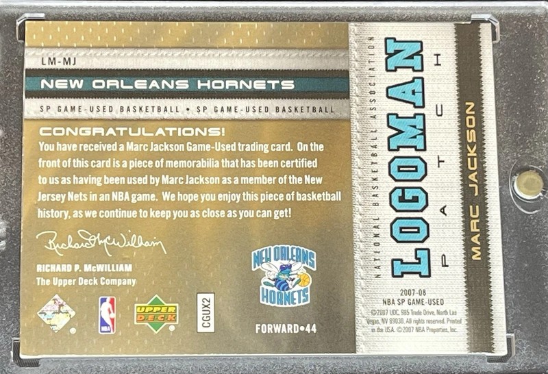 2007-08 Marc Jackson Hornets Upper Deck UD SP Game Used Logo NBA Logoman #1/1 view 2