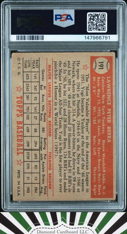 1952 Topps #191 Yogi Berra PSA 2 view 2