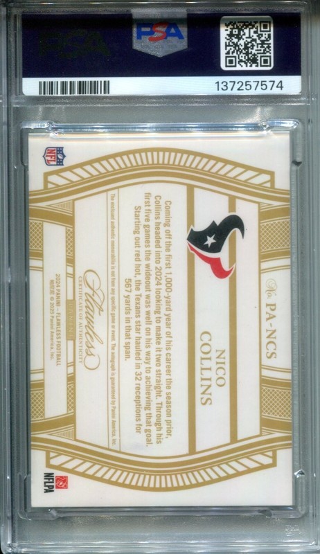 2024 Panini Flawless Nico Collins Patch On-Card Auto 23/25 PSA 10 GEM MT view 2